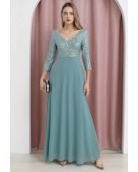 Exquisite Sequin V-Neck Chiffon Maxi Gown in Dusty Blue
