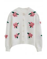 3D Stitch Flower Embroidered Button Down Cardigan in White