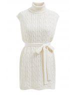 Turtleneck Cable Knit Sleeveless Sweater Dress in Cream