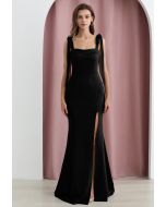Tie-Shoulder High Slit Maxi Gown in Black