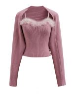 Feather Trim Cami Top and Sweater Sleeve Set in Pink