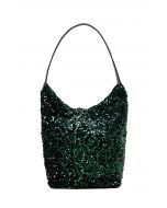 Faux Leather Full Sequin Bucket Bag in Green
