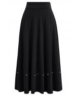 Silver Bead Embellished Seam Knit Midi Skirt in Black
