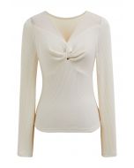 Twisted Mesh Spliced Knit Top in Cream