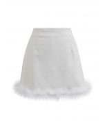 Feather Hem Faux Leather Mini Skirt in White