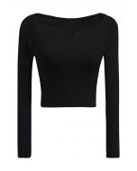 Notched Neckline Ribbed Knit Crop Top in Black