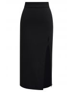 Cut Out Side Slit Knit Midi Skirt in Black