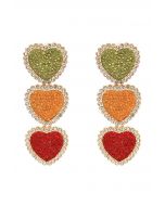 Triple-Color Heart Rhinestone Earrings in Red