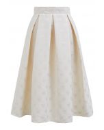 Embossed Heart Jacquard Pleated Flare Midi Skirt in Ivory
