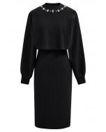 Pearl Neckline Ribbed Knit Twinset Dress in Black