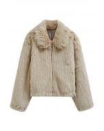 Collared Faux Fur Zip Up Coat in Light Tan