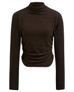 High Neck Textured Ruched Top in Brown