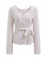 Self-Tie Waist Buttoned Knit Top in Pink