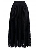 Floral Lace Spliced Pleated Maxi Skirt in Black