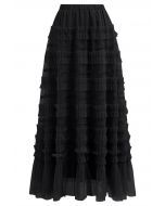 Ruffle Lace Mesh Tulle Maxi Skirt in Black