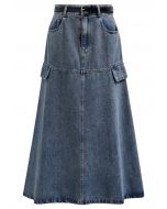 Pocket Trim Belted Denim Flare Skirt in Blue