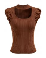 Choker Neck Ruched Cap Sleeves Knit Top in Rust