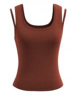 Solid Split Strap Knit Tank Top in Rust Red