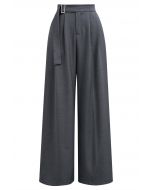 Solid Belted High Waist Wide-Leg Pants in Grey