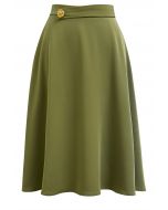 Golden Button Embellished Midi Skirt in Moss Green