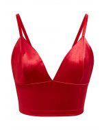 Satin Finish V-Neck Crop Cami Top in Red