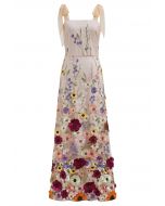 3D Floral Applique Tie-Strap Mesh Tulle Maxi Dress in Apricot
