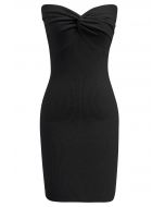 Knotted Front Fitted Knit Mini Dress in Black