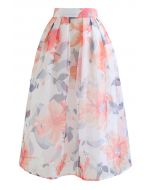 Breezy Organza Floral Pleated Midi Skirt in White