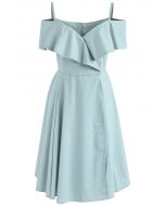 Appealing Sweet Frilling Cold-Shoulder Flap Dress in Mint
