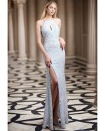 Halter Neck Cutout Sequined Slit Mermaid Gown in White